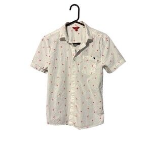 Guess Flamingo Print Shirt Size S Button Front White Pink